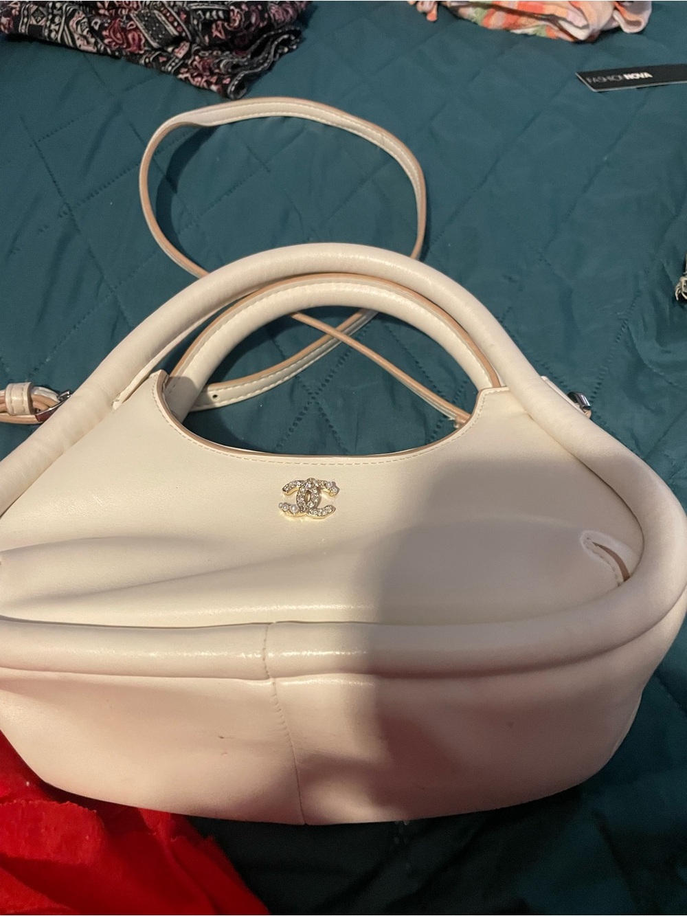 Cream Leather Crossbody Bag with Crystal CC Logo